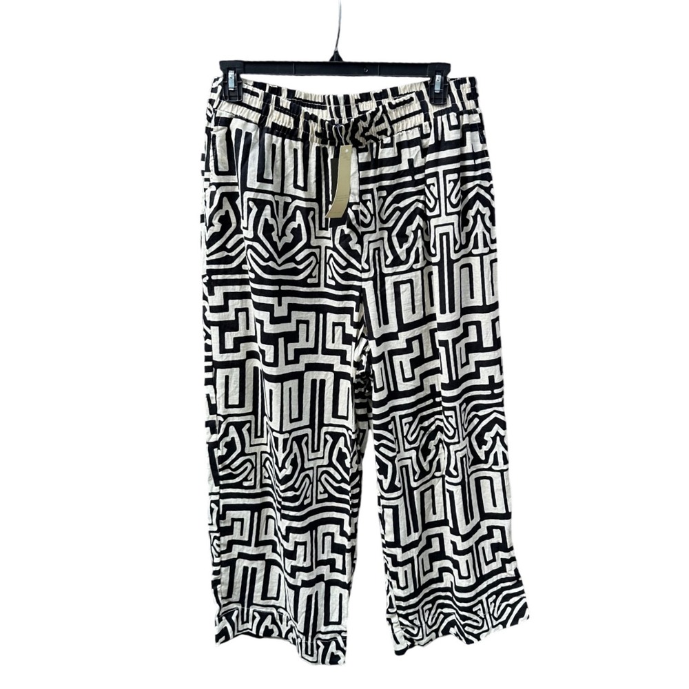 Rachel Zoe Womens 2X Black White Geometric Print Linen Blend Wide Leg Pants NWT